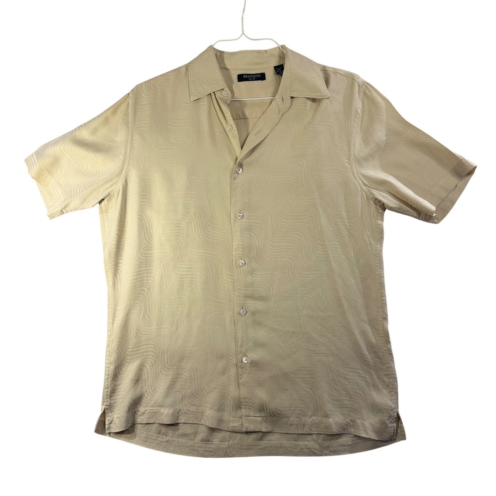Brandini Pure Silk Vintage Wavy Short Sleeve Button Down Shirt‎ Beige Mens M